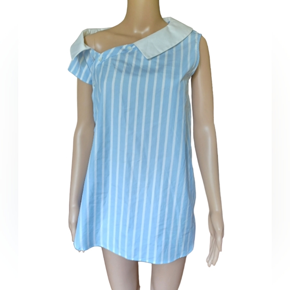 Monographie Womens Asymmetric One Sleeve Collared V Neck Top Blue Stripe Size XS